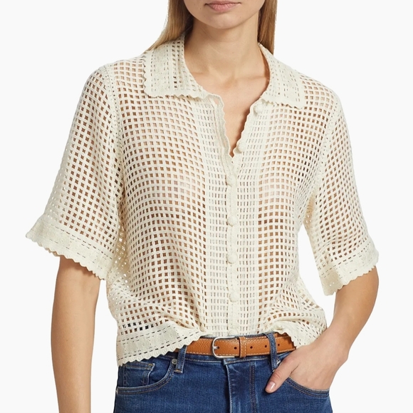 Frame The Crochet Short-Sleeve Top Ivory Cream Size Small - Picture 2 of 8